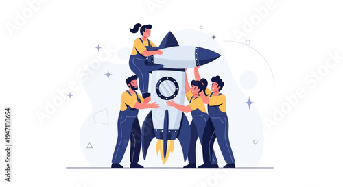 Teamwork building a rocket for startup launch, business growth concept illustration