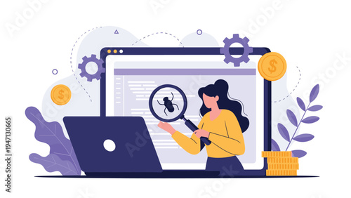 Female developer using a magnifying glass to search for bugs and errors in computer code displayed on a large monitor screen.
