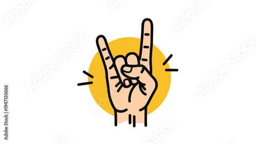 Stylized illustration of a hand making the rock and roll or devil horns sign in front of a bright yellow circle to symbolize music and energy.
