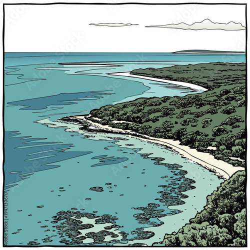 Aerial view of a coastline with trees and water