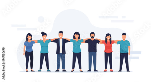 Diverse group of people standing together, arms linked, symbolizing unity and teamwork.