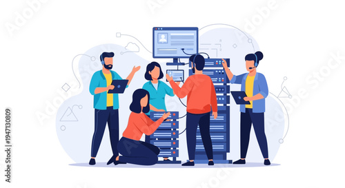 IT Team Working on Servers and Computers in Data Center