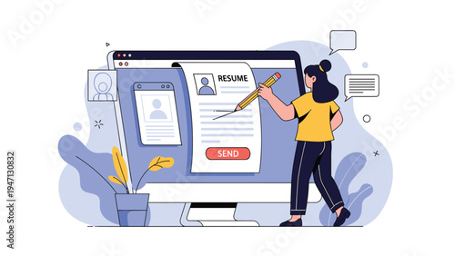 Young woman using a pencil to fill out a job resume document on a computer monitor for a digital career application process.