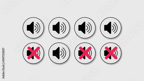 A series of circular icons depicting sound volume control with some muted and others displaying a prohibition symbol high quality professional detailed modern elegant stylish clean