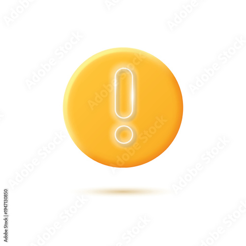 3D yellow exclamation mark icon. Glowing neon warning symbol in circle. Alert and attention validation sign vector illustration