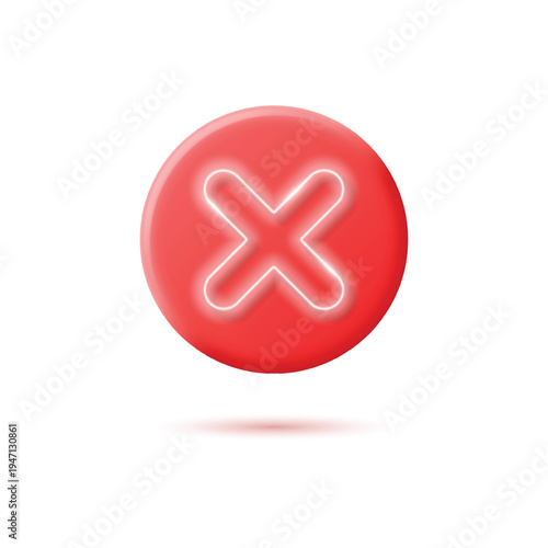 Wrong choice red badge. 3D circular cross mark with neon glow effect. Task failed and rejected sign vector