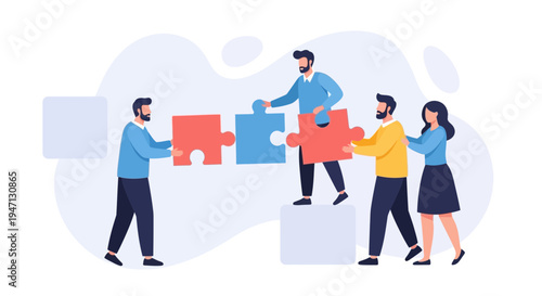 Teamwork puzzle collaboration, business people connecting pieces for success