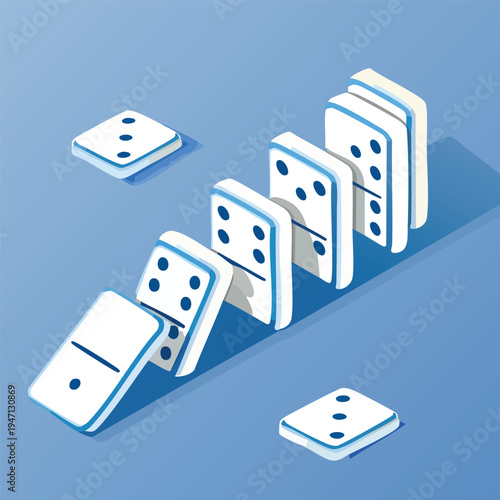 Dominoes in a row falling over blue background isometric illustration