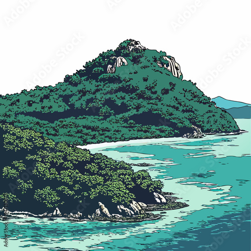 A small island with lush greenery and turquoise water
