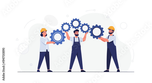 Teamwork and collaboration: three workers holding gears, symbolizing unity and engineering.