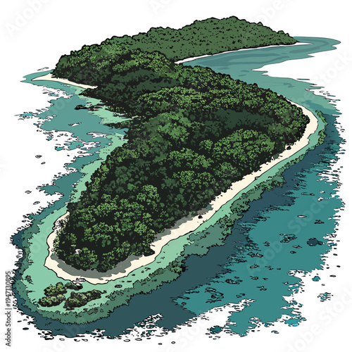 Aerial view of a small island with lush green trees