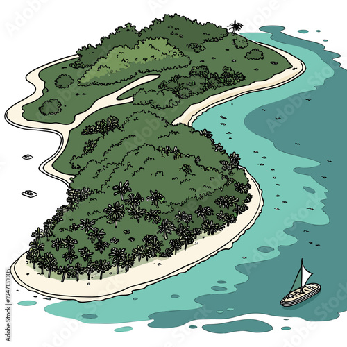 A small island with a sandy beach and lush green vegetation