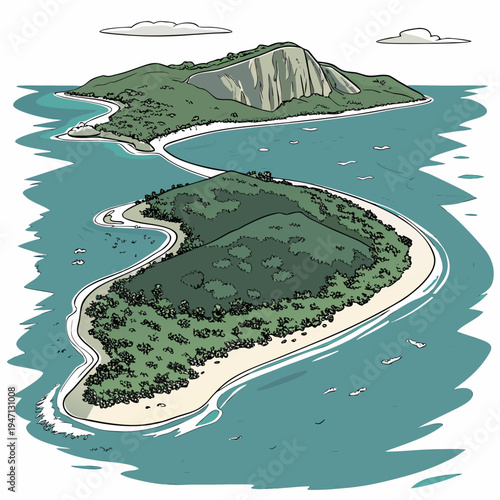 Aerial view of two green islands with sandy beaches