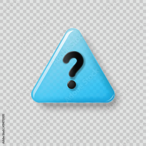 Question mark 3d glass icon. Blue transparent triangle with black faq symbol. Glassmorphism help and info sign vector illustration