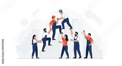 Teamwork climbing stairs, helping each other to reach success, cooperation concept