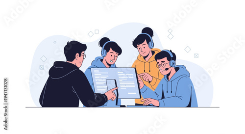 Teamwork coding on computer, young people collaborating, programming, software development