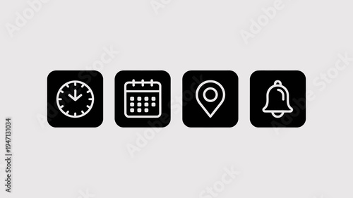 A minimalist graphic displays four black square icons against a light gray background representing time calendar location and notification high quality professional detailed modern elegant stylish