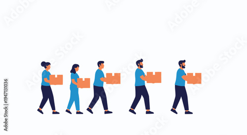 Diverse group of people carrying boxes, teamwork, moving, delivery, logistics