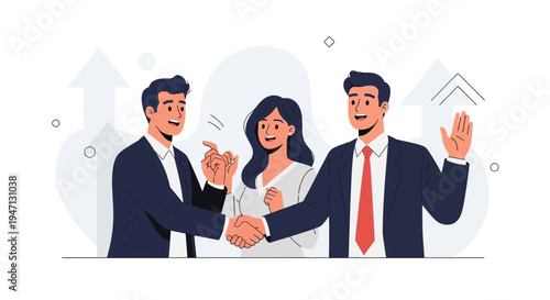 Business partners shaking hands, celebrating success with a woman observing