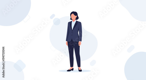 Businesswoman in Suit Standing Confidently on White Background with Abstract Shapes