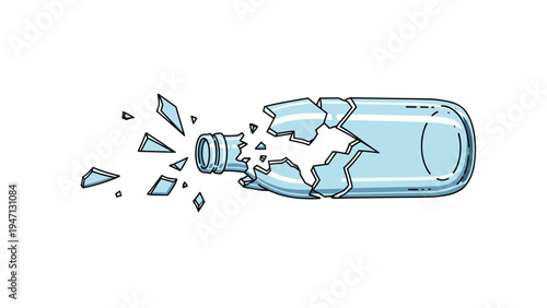 Detailed illustration of a light blue glass bottle shattered into many sharp shards and fragments representing breakage and physical impact.