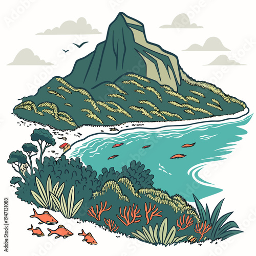 A mountain island with a beach and fish in the water