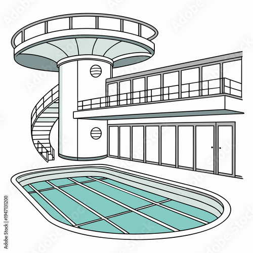 A large swimming pool with a tower and a spiral staircase