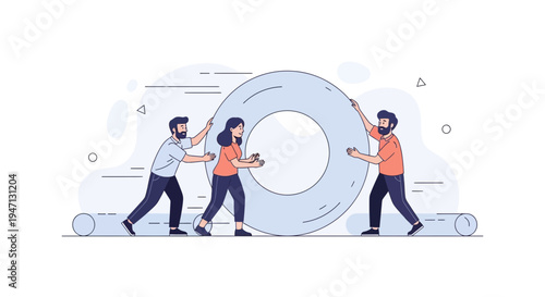 Teamwork pushing a large circle, concept of collaboration and shared effort