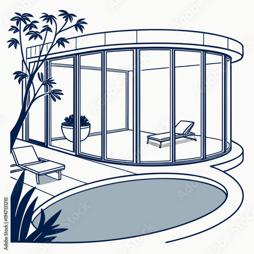 A blue and white drawing of a gazebo with a pool