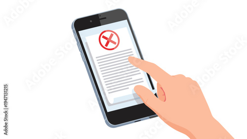 Human hand pointing at a rejected document with a red cross mark displayed on a smartphone screen for an online application.