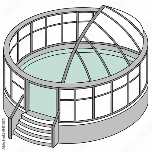 A round swimming pool with a metal fence