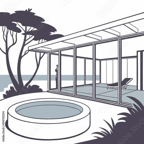 A serene outdoor pool area with a tree and a pergola