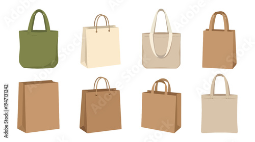 Assortment of reusable shopping bags green canvas tote beige fabric totes and brown kraft paper bags with handles.