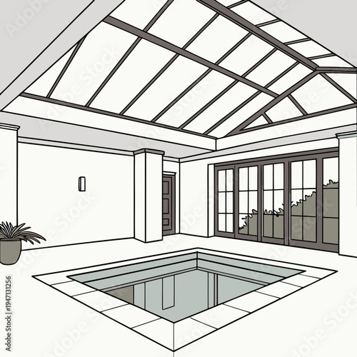 A large indoor swimming pool with a glass roof