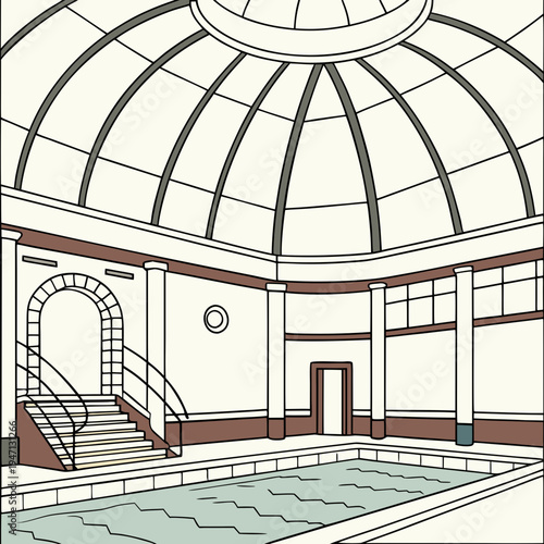 A large indoor swimming pool with a dome roof