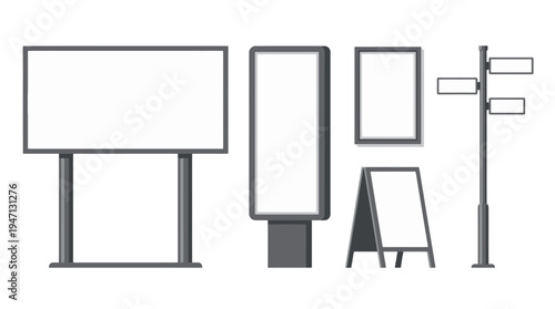 Blank Outdoor Advertising Signs Set Billboard Kiosk AFrame and Street Pole Displays Vector.