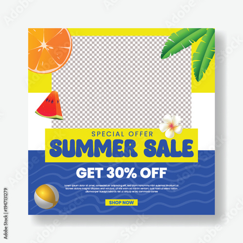 Summer Vacation Sale Social Media Square Flyer Poster Template Design Tropical Beach Party Promotional Banner Marketing Advertising Campaign Seasonal Holiday Vector