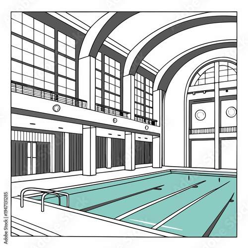 A large indoor swimming pool with a vaulted ceiling
