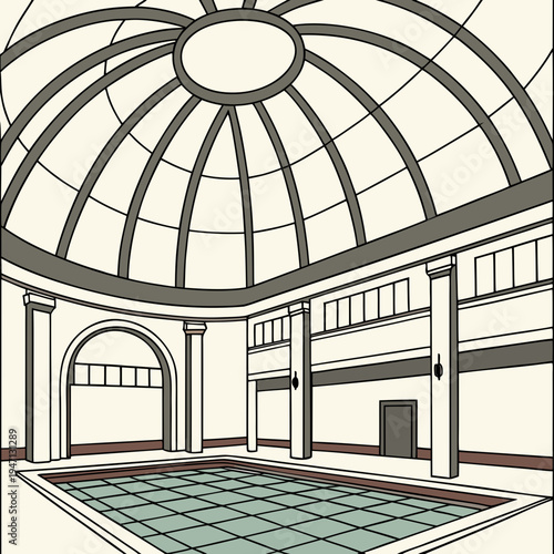 A large indoor swimming pool with a dome roof