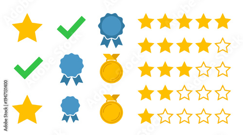 Collection of flat vector rating and achievement icons stars checkmarks rosettes and gold medals.