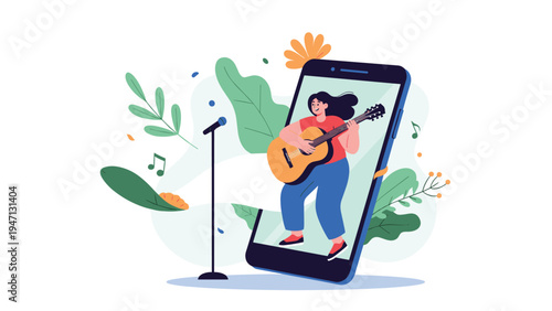 Young woman playing an acoustic guitar while emerging from a smartphone screen during a live music performance session.