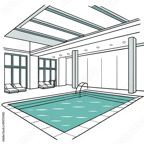 A large indoor swimming pool with a white ceiling