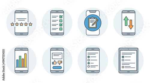 Colorful Line Art Mobile Device Icons for App Functions and Digital Services.