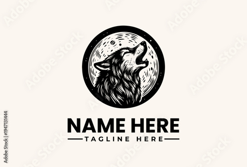 Black and white illustration of a wolf howling at the moon, surrounded by a circular logo with placeholder text on a beige background.