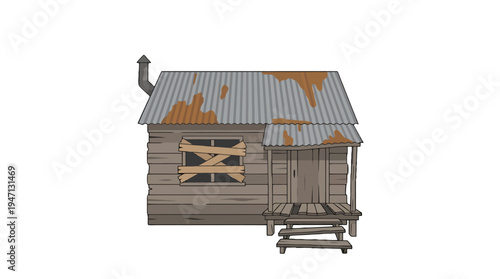 Dilapidated wooden shack with rusted corrugated roof and boardedup window rustic cartoon illustration.