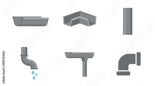 Flat vector illustration set of grey gutter and downspout components featuring straight corner elbow outlet sections and a downspout with water drops.