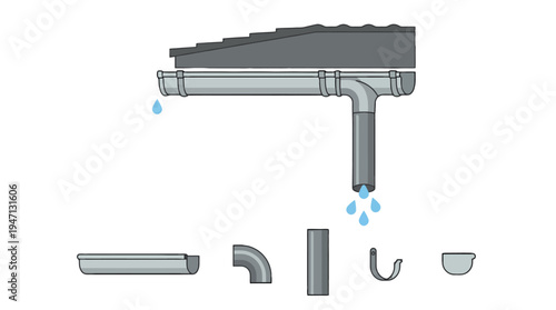 Grey rain gutter system illustration with dripping water showing downspout elbow and individual components for drainage.