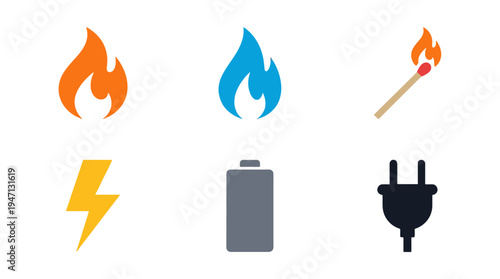 Flat vector energy icons set orange flame blue gas lightning battery match and plug.