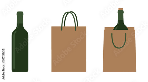 Minimalist dark green wine bottle brown paper shopping bag and bottle with cork in bag illustration.