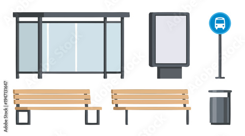 Modern flat vector illustration of essential bus stop street furniture glass shelter two wooden benches blue sign billboard trash can.